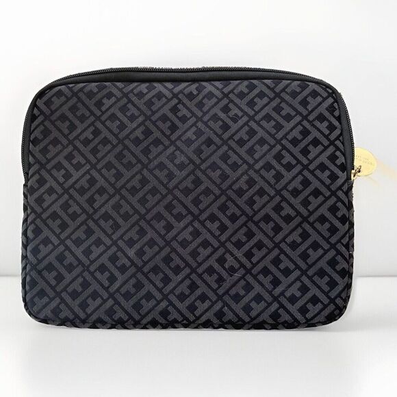Tommy Hilfiger Zip Around Tablet Case TH Pattern Black Gray Gold Logo 10.5” x 8” - Picture 1 of 8